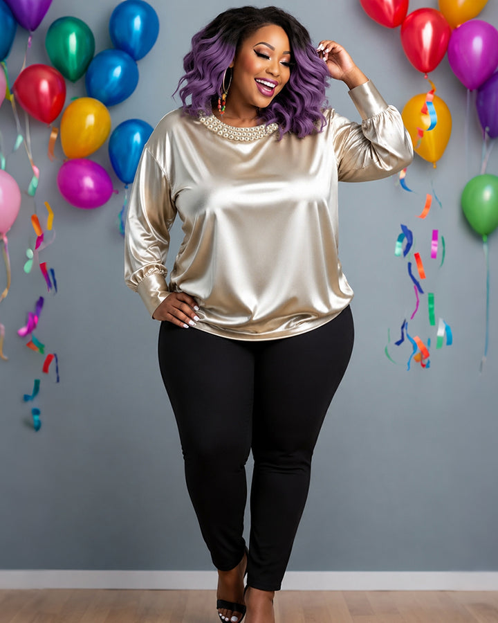 Pearl Collar Satin Blouse Top