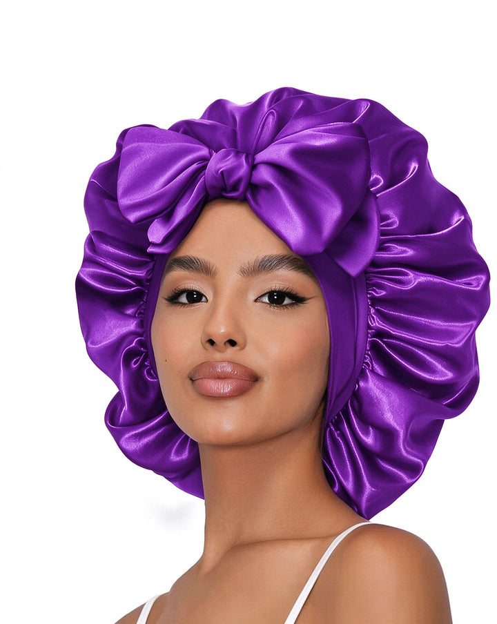 Women's Double Layer Satin Sleeping Bonnet, Adjustable Elastic Spandex Band with Tie Closure