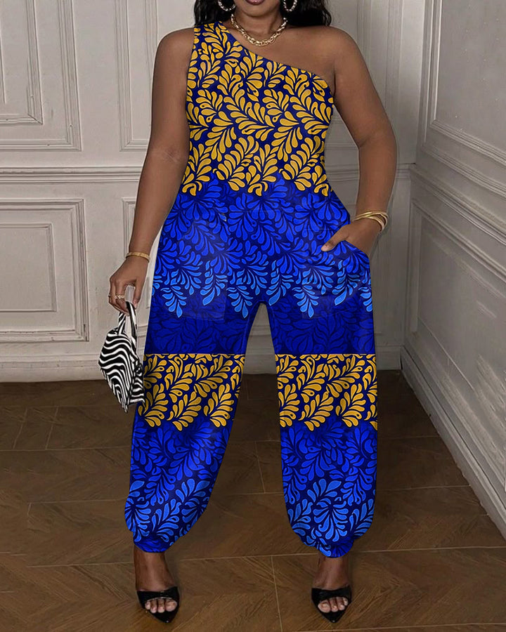 Leaf-patterned Color-blocked Printing One-shoulder Jumpsuit