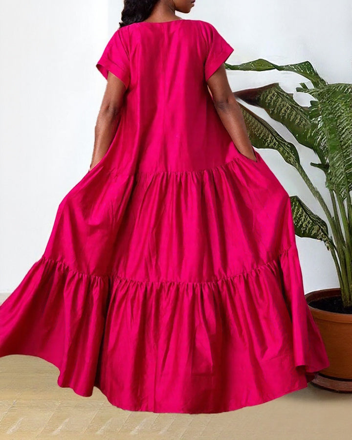 Solid Color V-neck Short-sleeved Dress with Ruffled Hem
