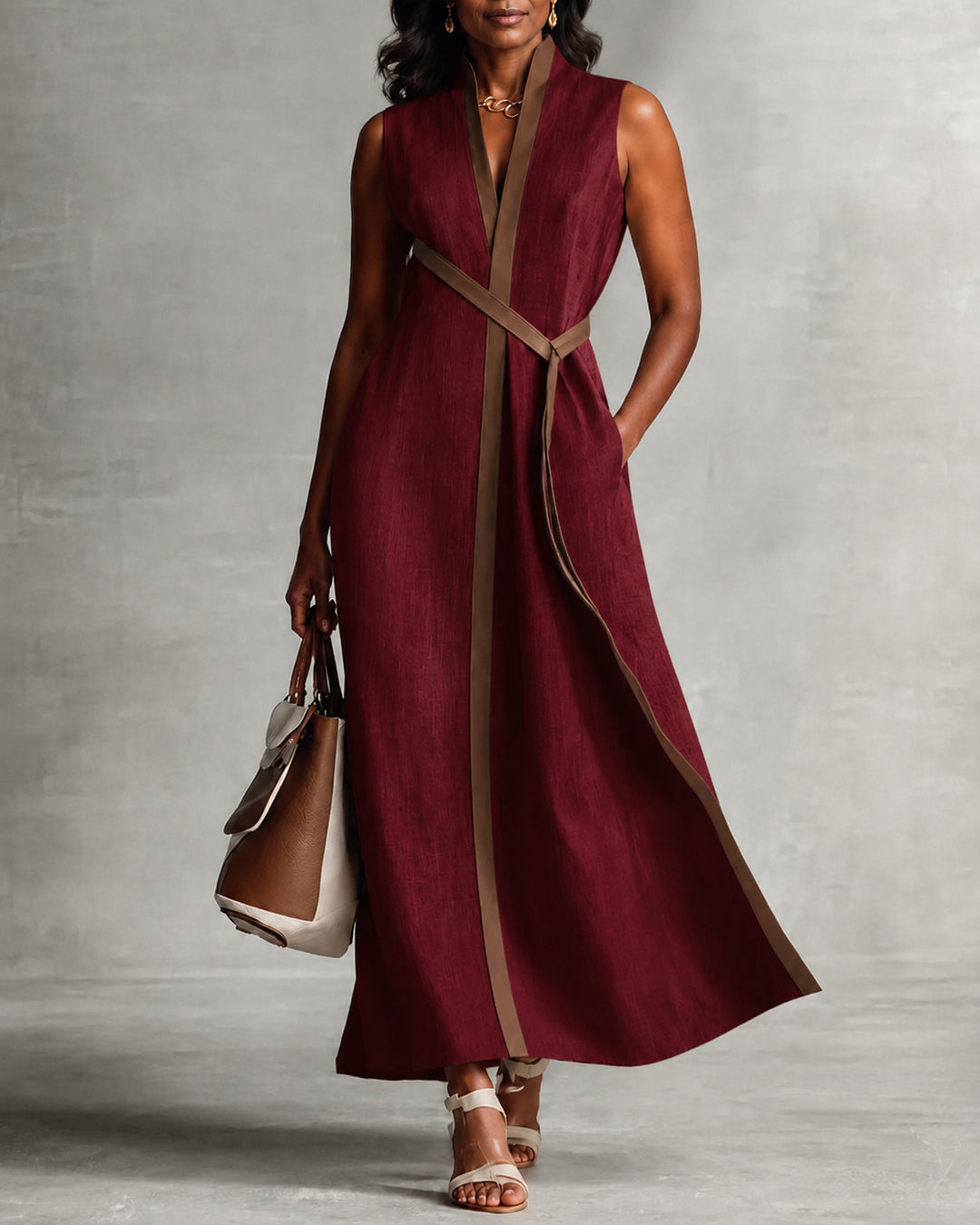 Women's Color Block Sleeveless Stand Collar Linen Blend Dress