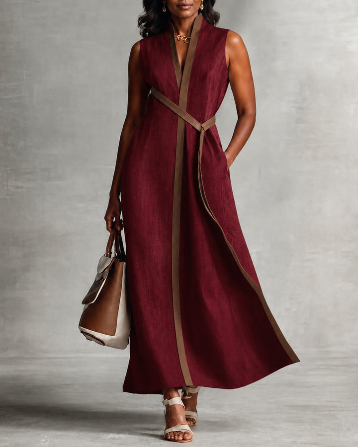 Women's Color Block Sleeveless Stand Collar Linen Blend Dress