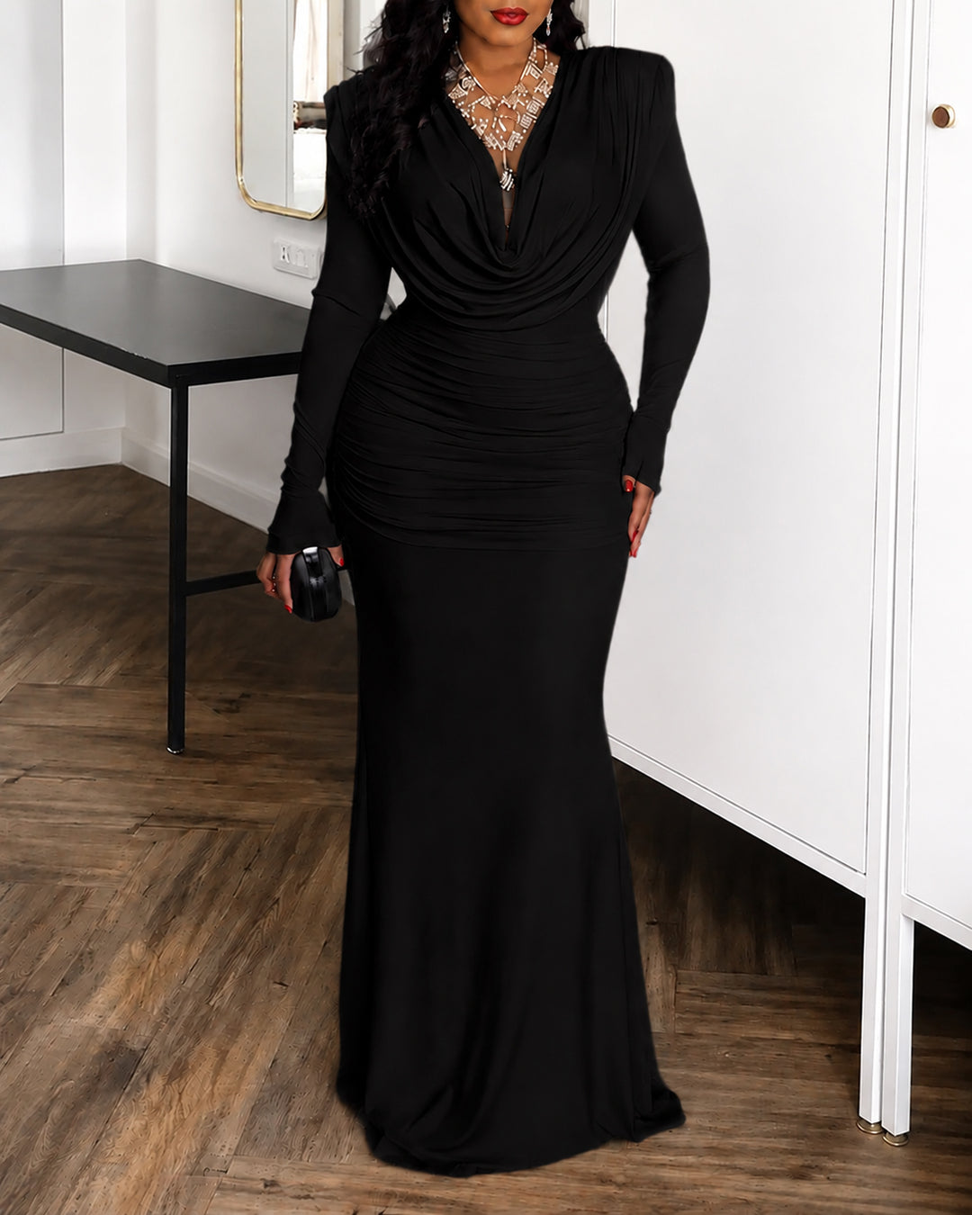 V-Neck Ruched Long Sleeve Waist-Cinched Mermaid Bodycon Maxi Dress
