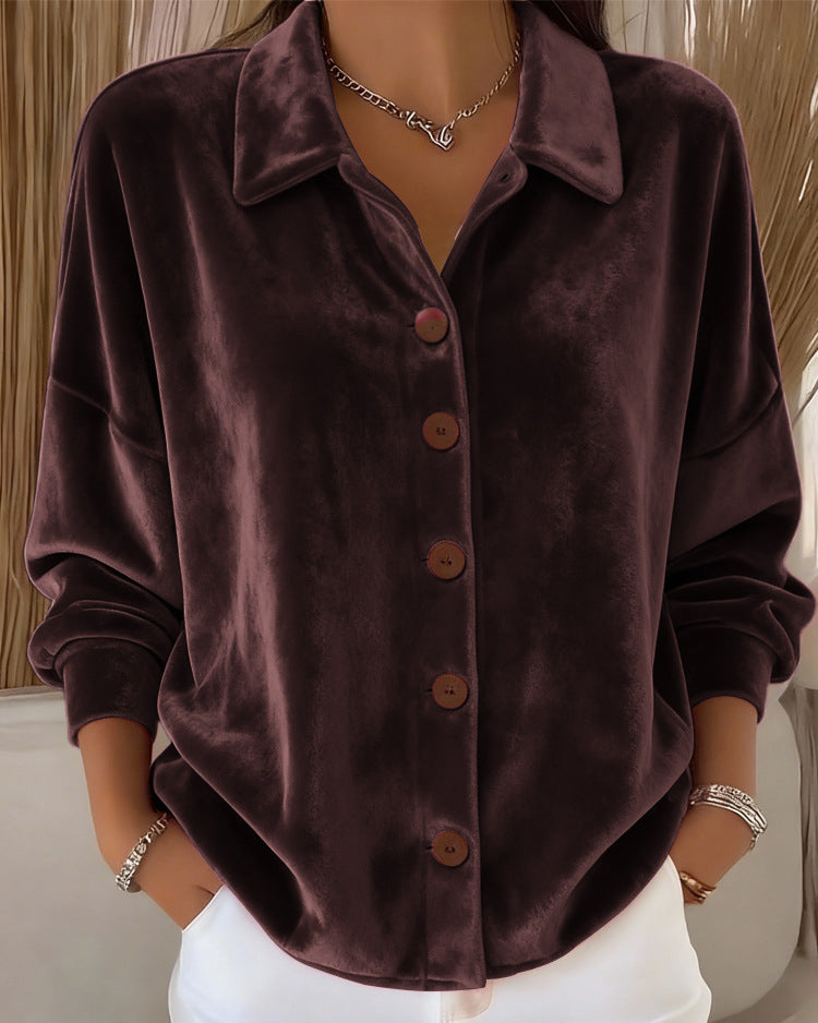Lapel Button-down Long Velvet Sleeve Blouse