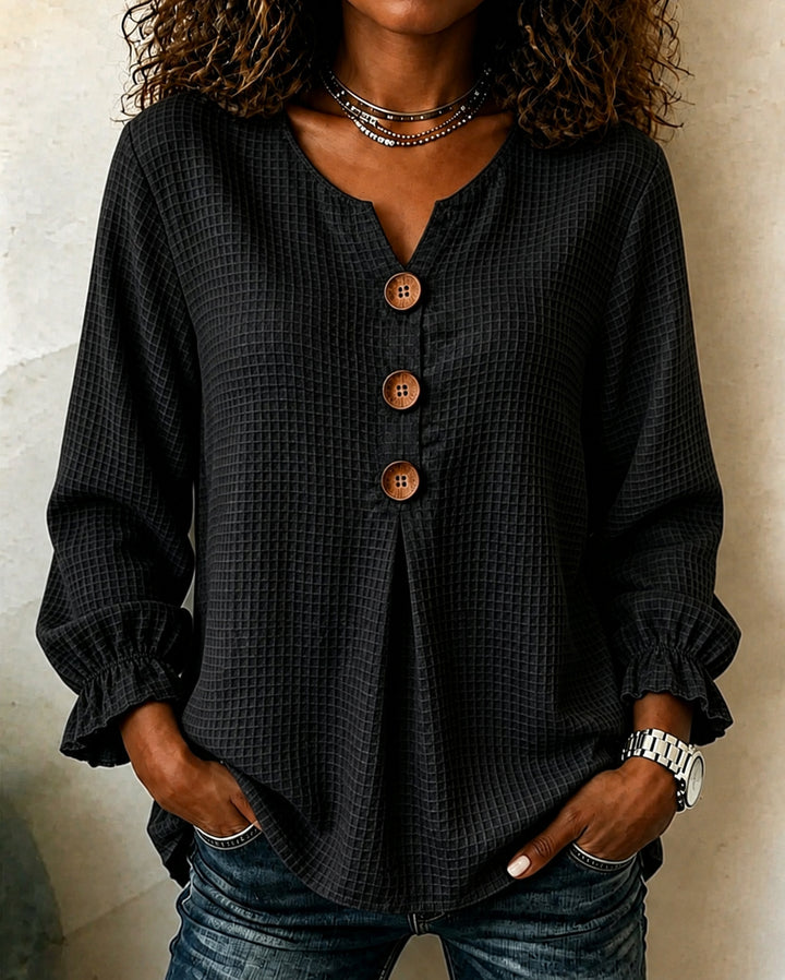 Round Neck Solid Color Waffle Knit Long-sleeved Top