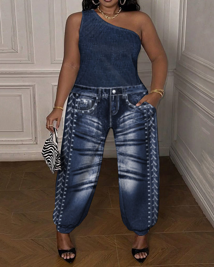 Fun Denim Pleated Pocket Print One-shoulder Jumpsuit-- Not Faux Denim Fabric