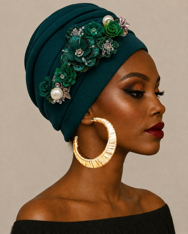 Hand‑made Pearl Hot‑fix Rhinestone Floral Turban Hat