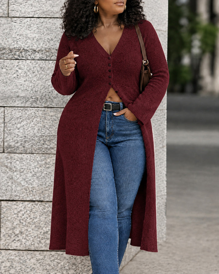 Women V Neck Button Front Long Sleeve Textured Knit Long Duster Cardigan