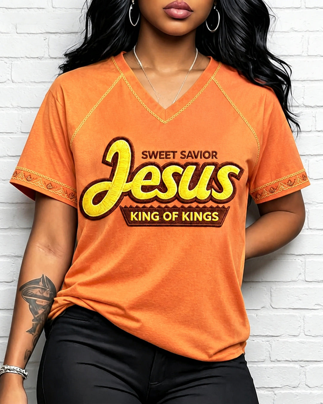Women's Sweet Savior Jesus Print V-neck Short Sleeve Tshirt