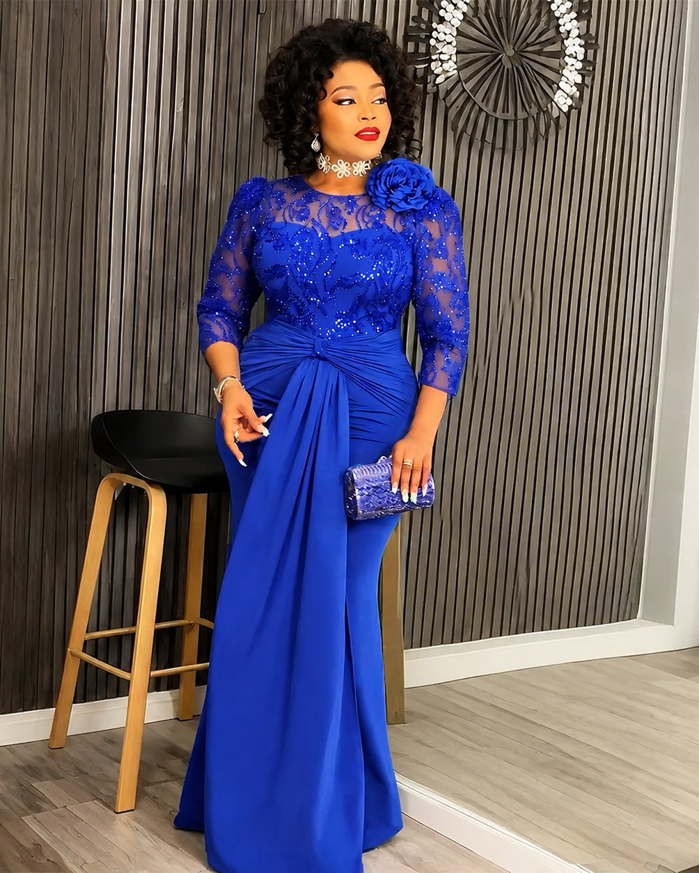 Plus Size Royal Rhinestone Lace Sheer 3/4 Sleeve Twisted Waist Mermaid Maxi Evening Gown