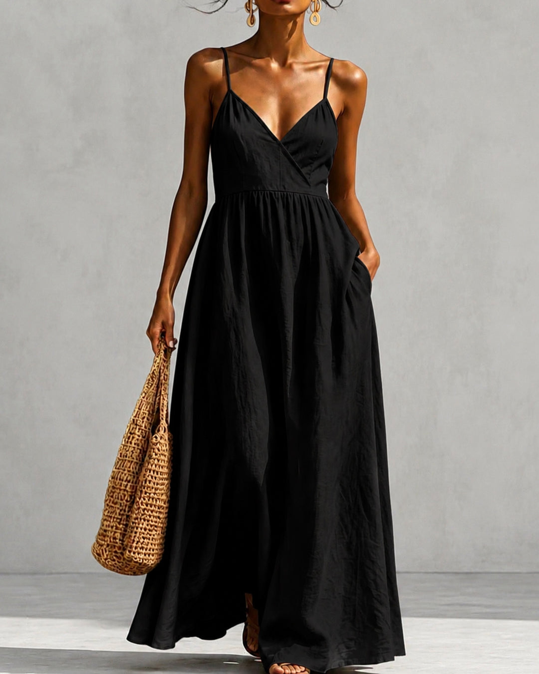 V‑neck Camisole High‑waisted Maxi Dress with Pockets