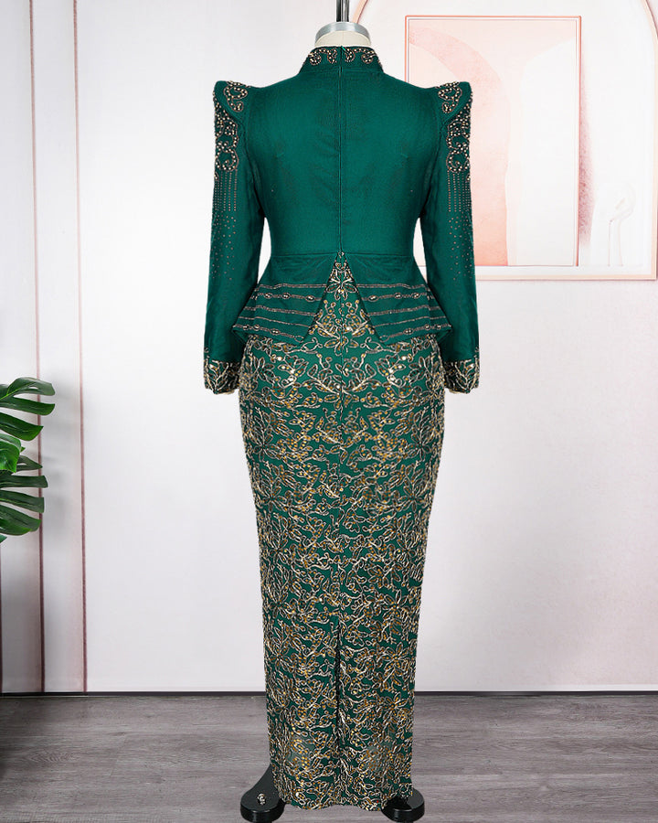 Plus Size Emerald Green Gold Embroidered Maxi Formal Gown