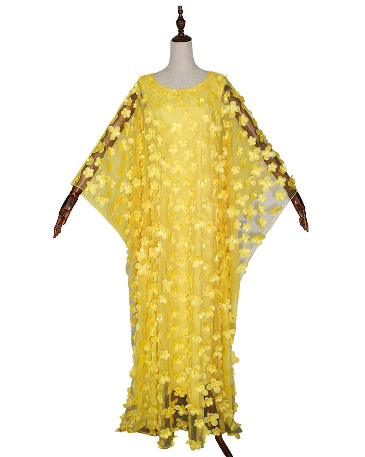 3D Floral Applique Sheer Mesh Batwing Sleeve Loose Oversized Formal Party Gow