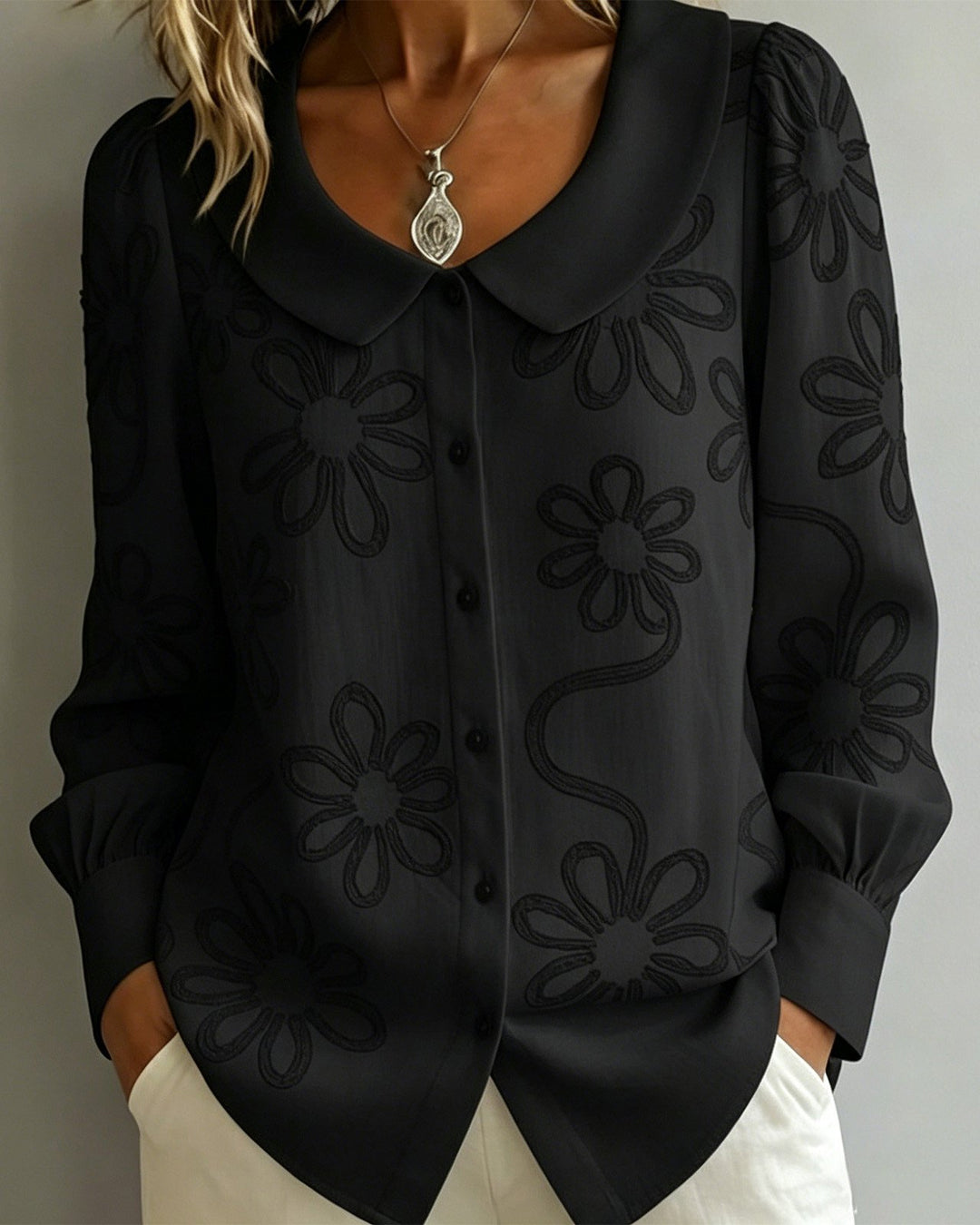 Peter Pan Collar Long Sleeve Embroidered Button Down Shirt