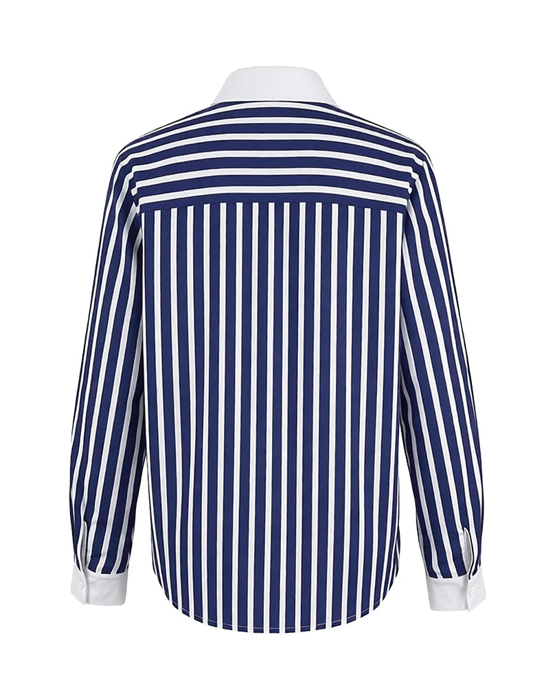Long Sleeves Buttoned Contrast Color Striped Lapel Blouses&Shirts Tops