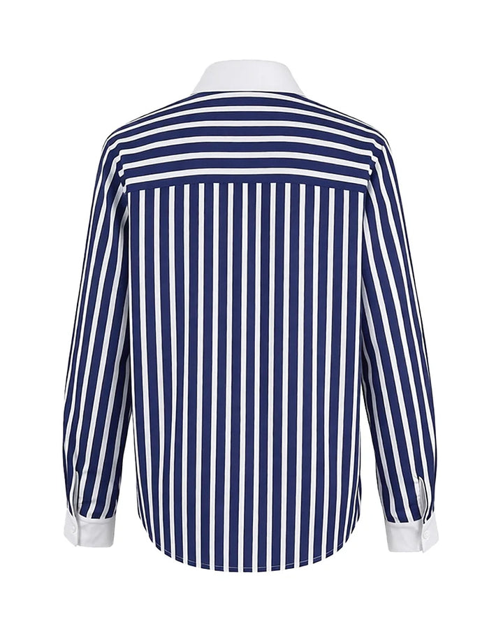 Long Sleeves Buttoned Contrast Color Striped Lapel Blouses&Shirts Tops