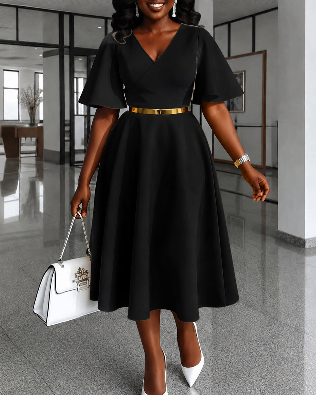 V-Neck Flared Sleeve Midi Swing Dress
