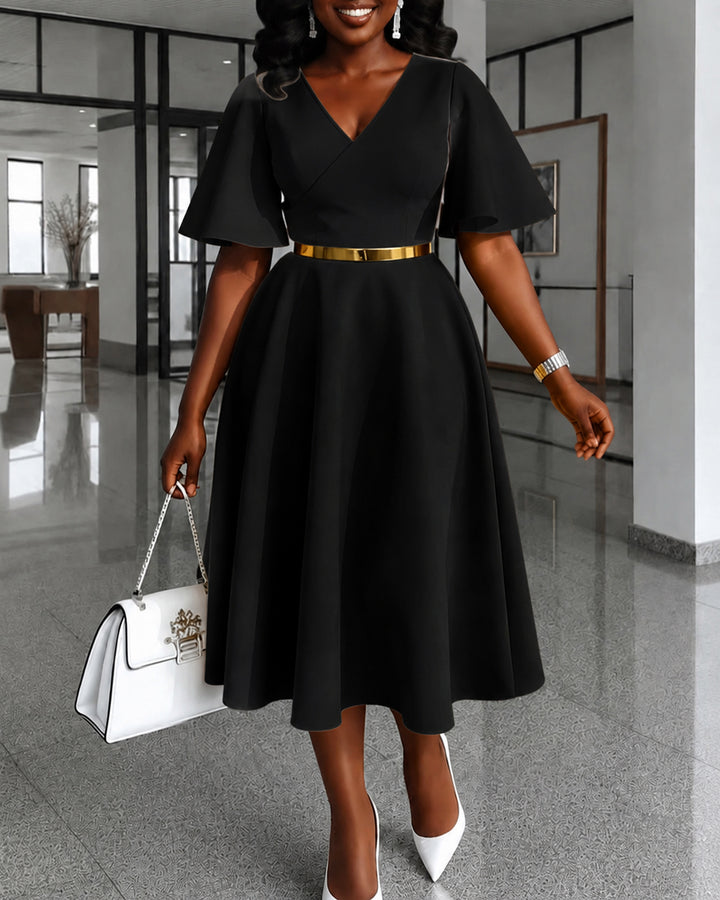 V-Neck Flared Sleeve Midi Swing Dress
