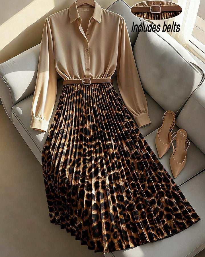 Leopard-print Long Sleeve Button Down Panel Pleated Midi Dress