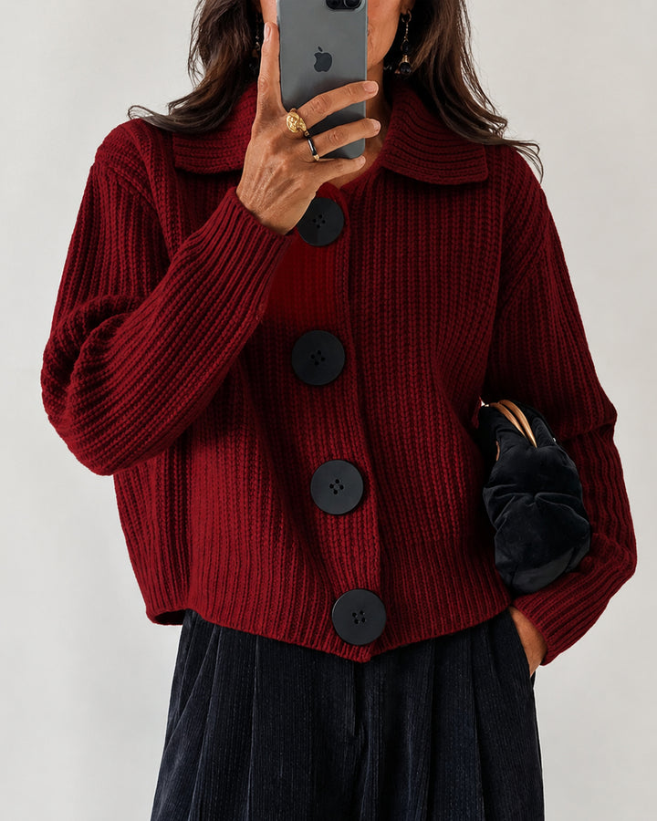 Plaid Collar with Big Buttons Oversized Knit Cardigan