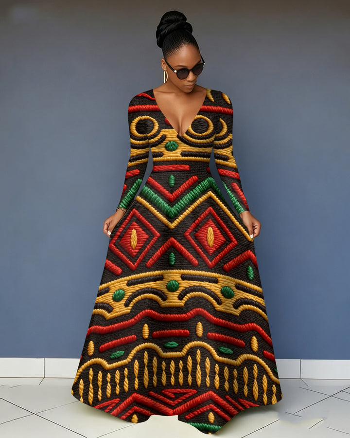 V-Neck Stripes Geometric Pocket Long-Sleeved Maxi Dress