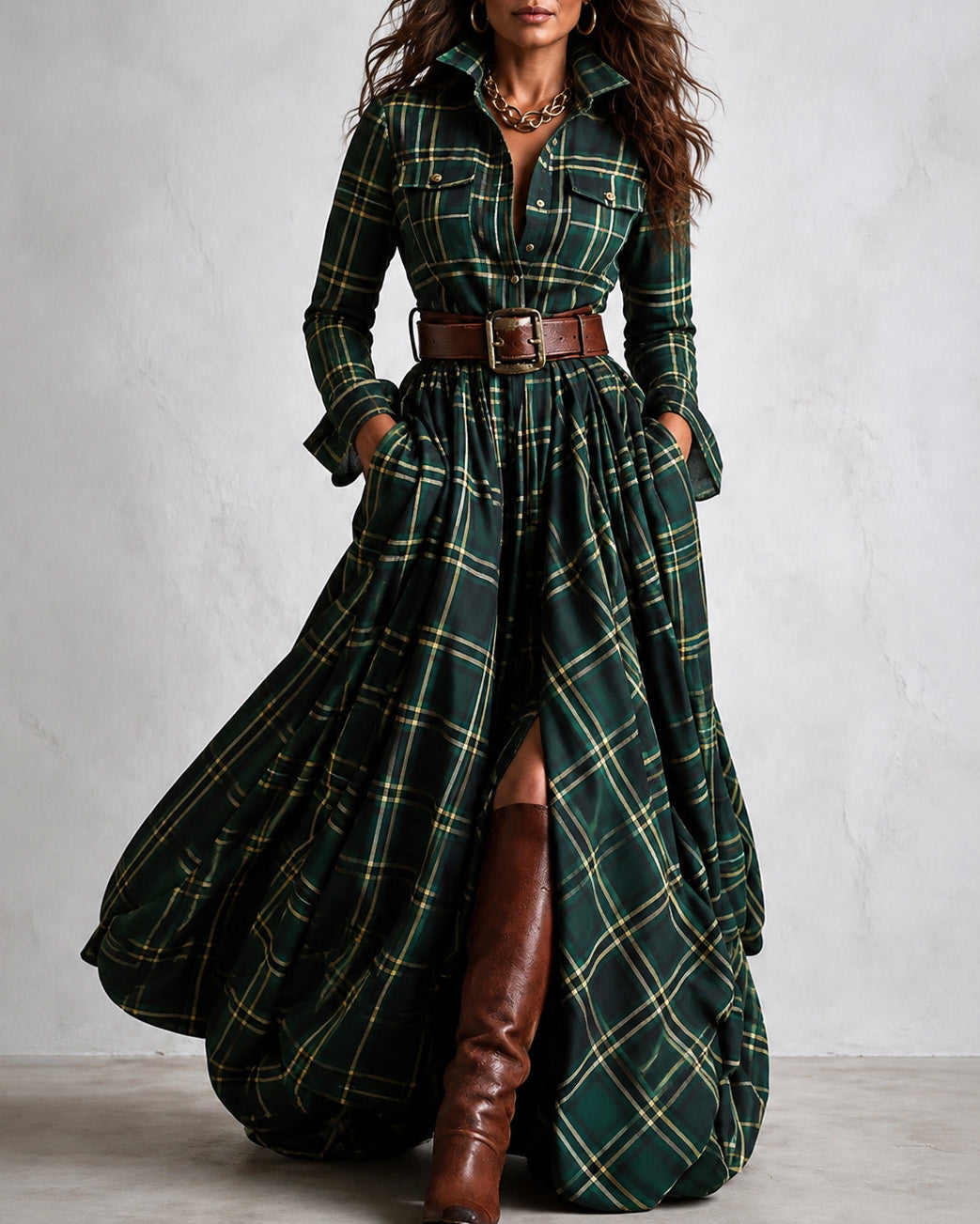 Classic Plaid Button Down Collared Long Sleeve Swing Dress