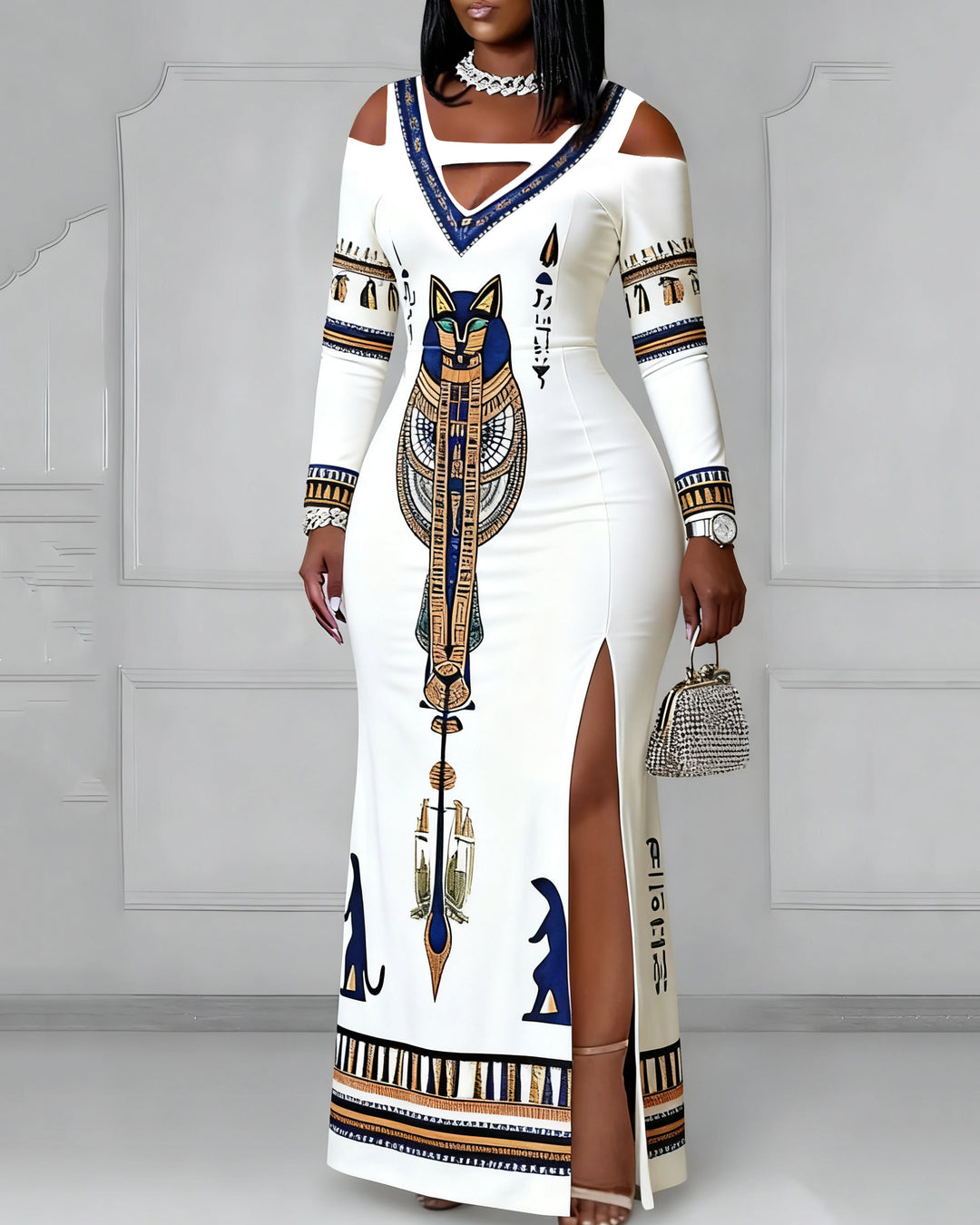 Cutout Off-shoulder V-neck Black Culture Egyptian Anka Symbol Long Sleeve Bodycon Party Dress