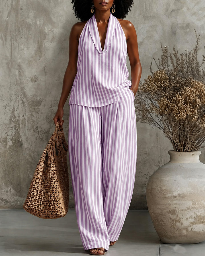 Simple Vertical Stripes V-neck Cotton Linen Vest and Wide-leg Pants Two-piece Set