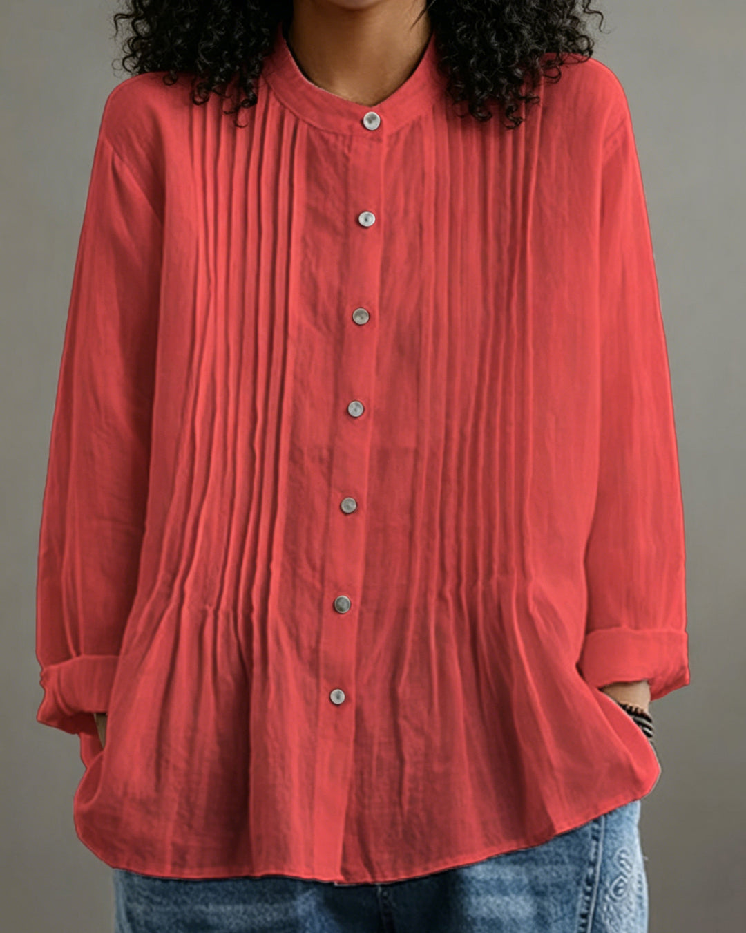 Casual Solid Color Pleated Long Sleeve Shirt