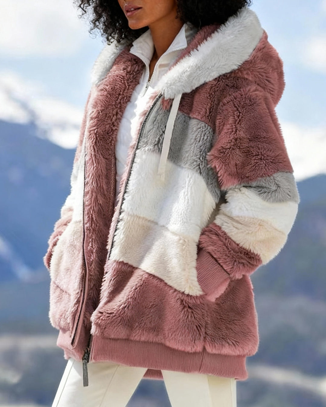 Women Loose Fluffy Colorblock Hooded Coat