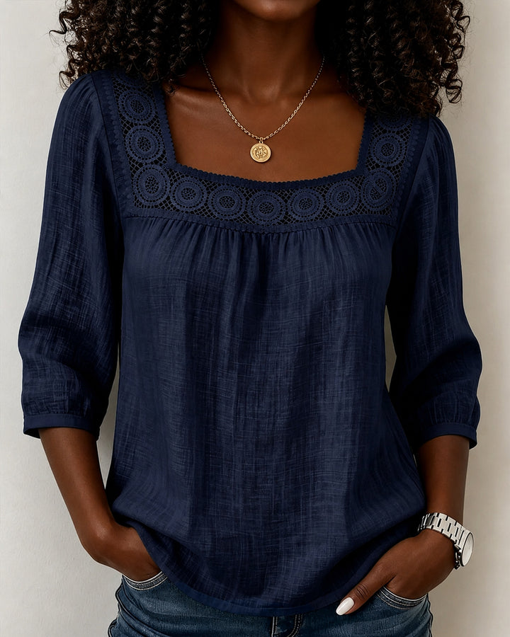 Square Neck Lace Spliced 3/4 Sleeve Cotton Linen Blouse