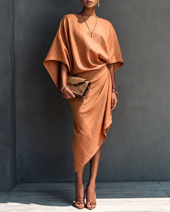 Cotton and Linen Batwing Sleeve Wrap-style Asymmetrical Midi Dress