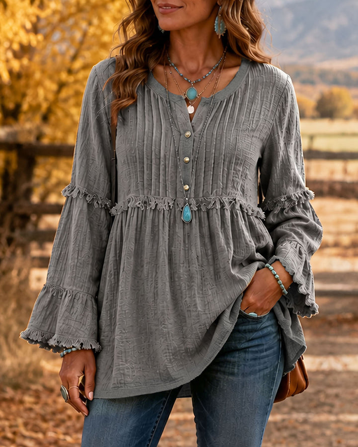 Crew Neck Button Down Loose Shirt with Tassel Spliced Lace