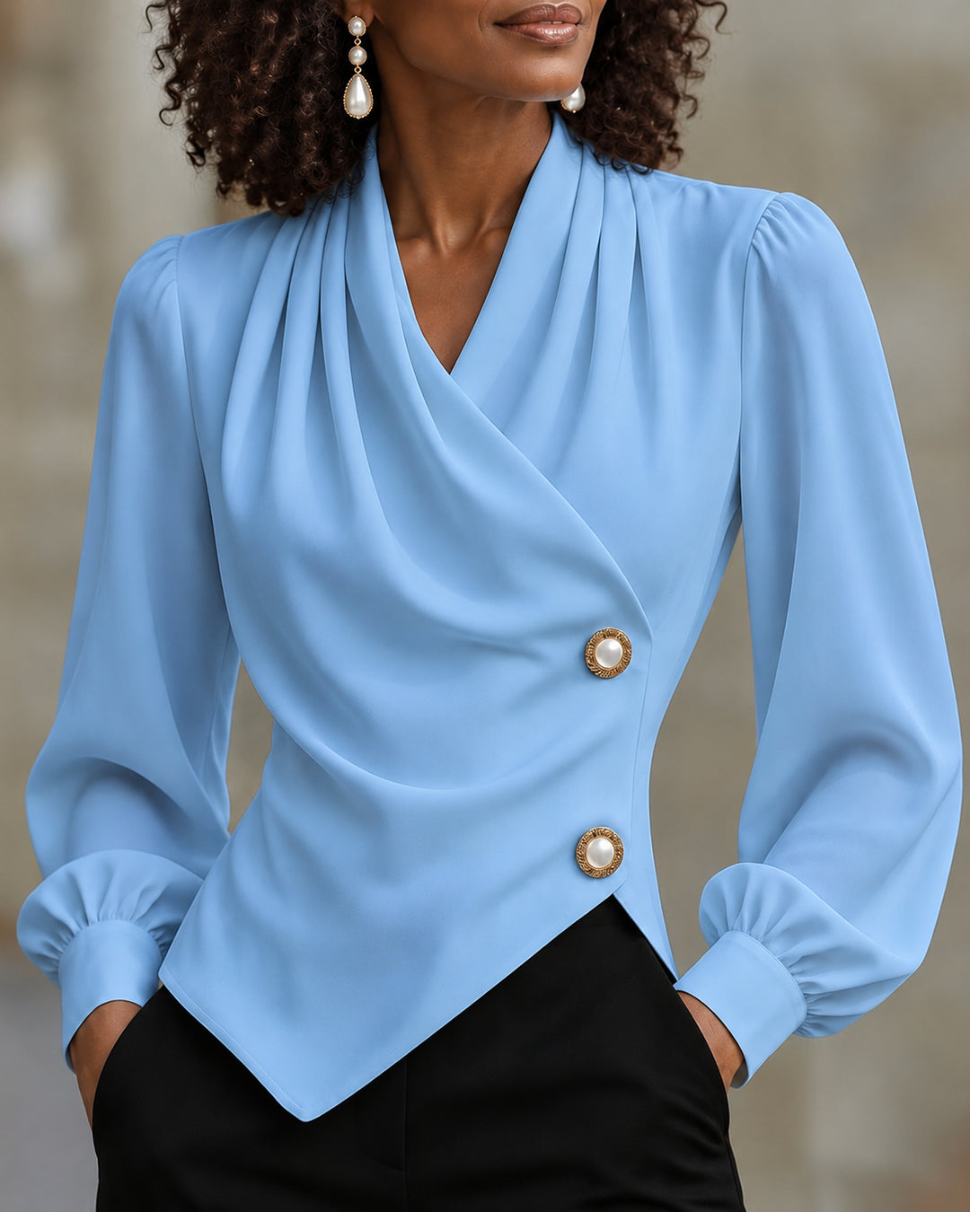 Women's Elegant Satin Draped Wrap V Neck Puff Long Sleeve Blouse