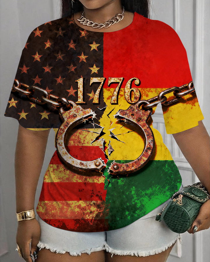 1776 Shackles Reggae Color American Flag Print Round Neck Short Sleeve T-Shirt