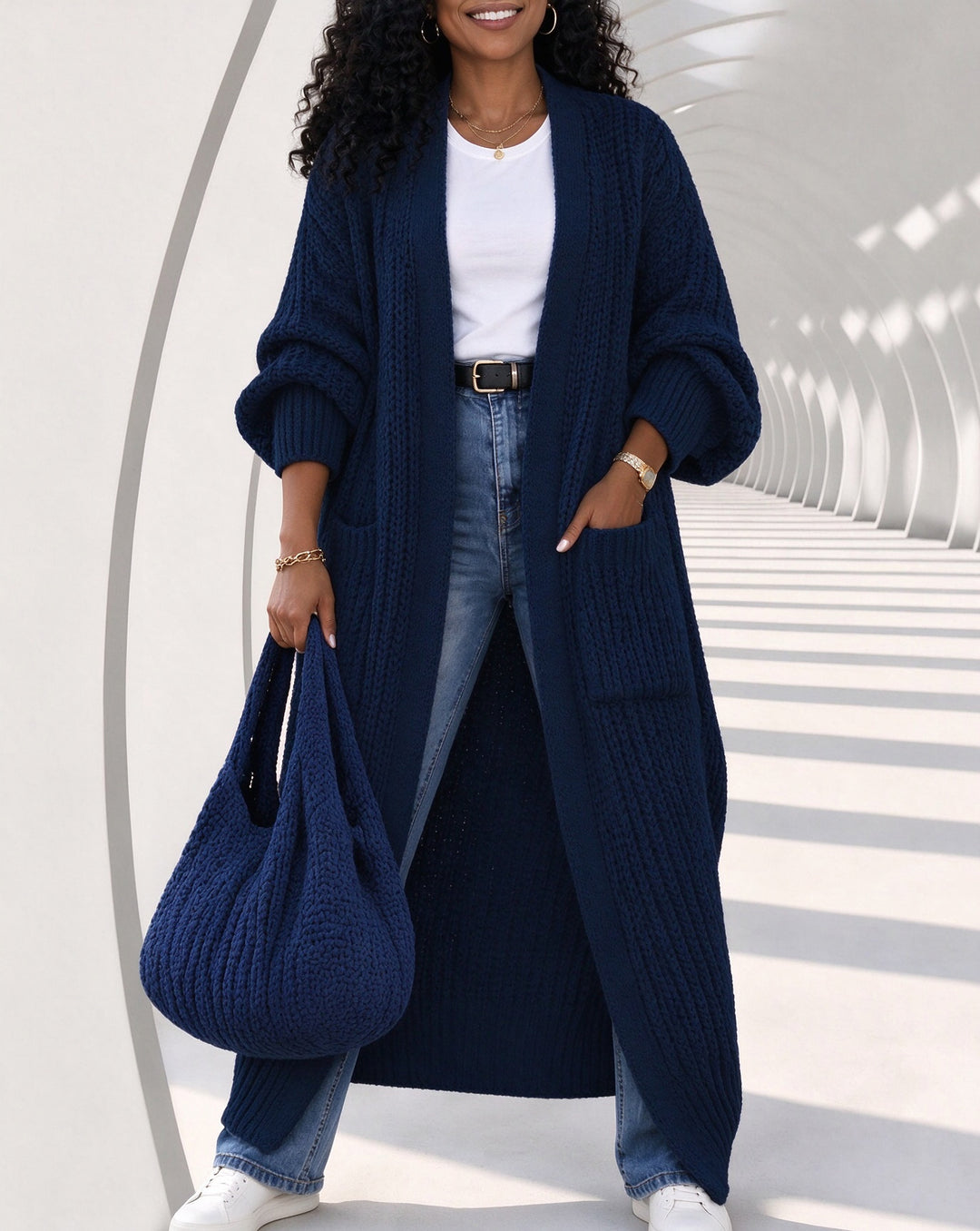 Women's Chunky Knit Open Front Oversized Lantern Sleeve Long Cardigan