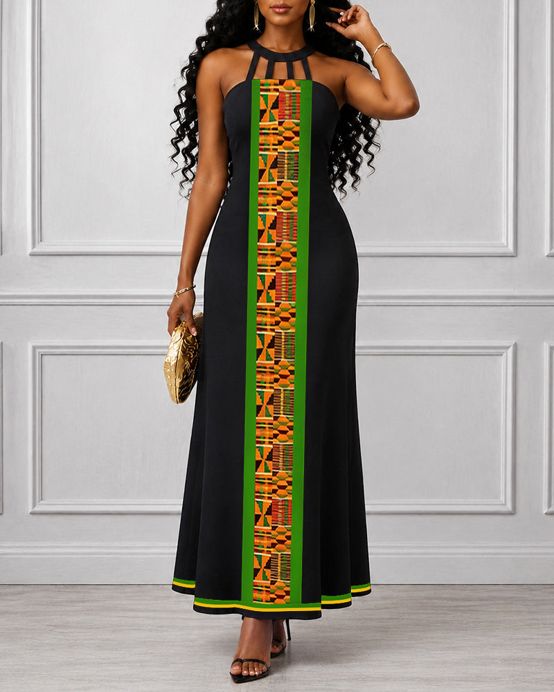 Ankara Geometric Stripes Hollow-out Halter Neckline Bodycon Maxi Dress