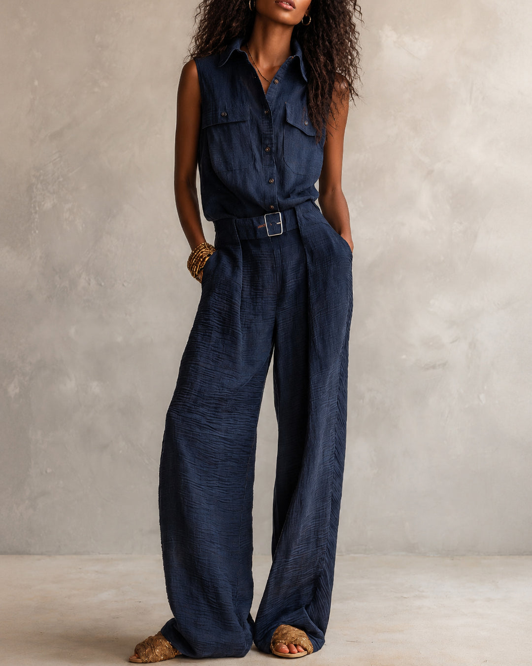 Lapel Button-down Belted Straight-leg Jumpsuit