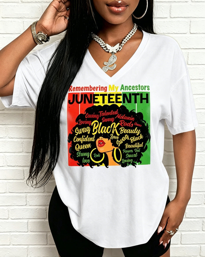 100% Cotton Remembering My Ancestors Juneteenth V Neck Short Sleeve Tshirt