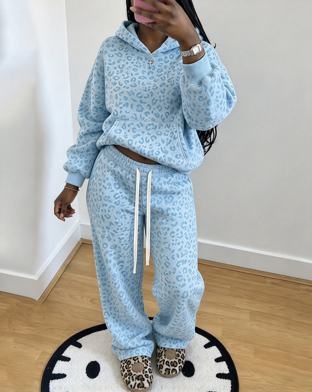 Retro Leopard-print Hooded Sweatshirt and Wide-leg Trousers Two-piece Set
