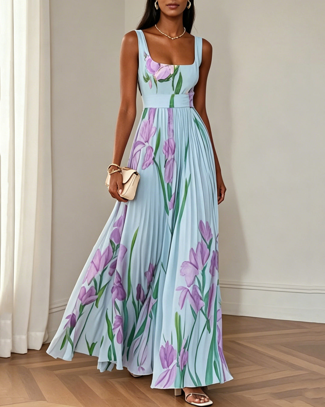 Square Neck Sleeveless Floral Pleated Dress