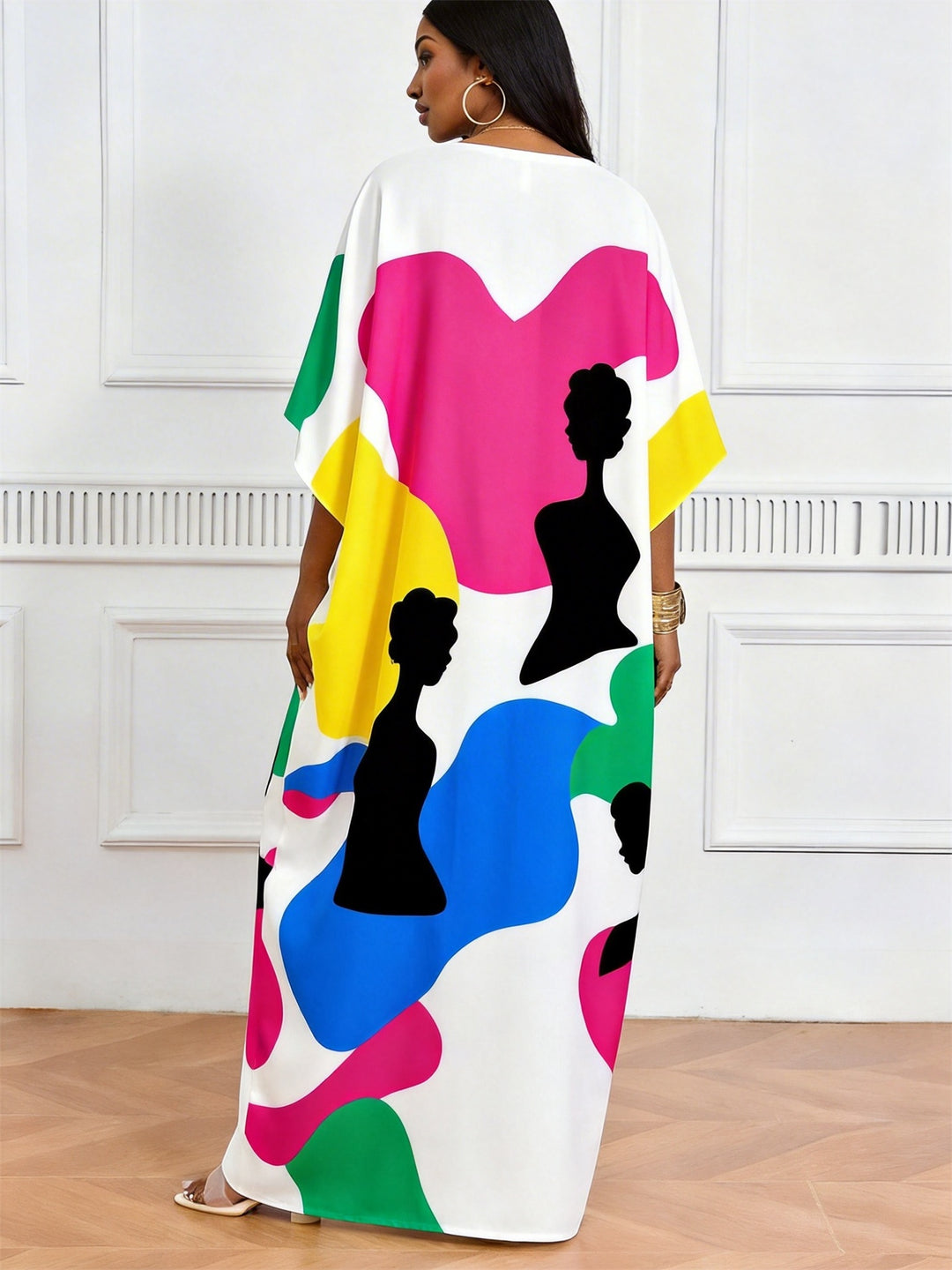 Colorful Color Block Black Silhouette Print V-Neck Elegant Dress