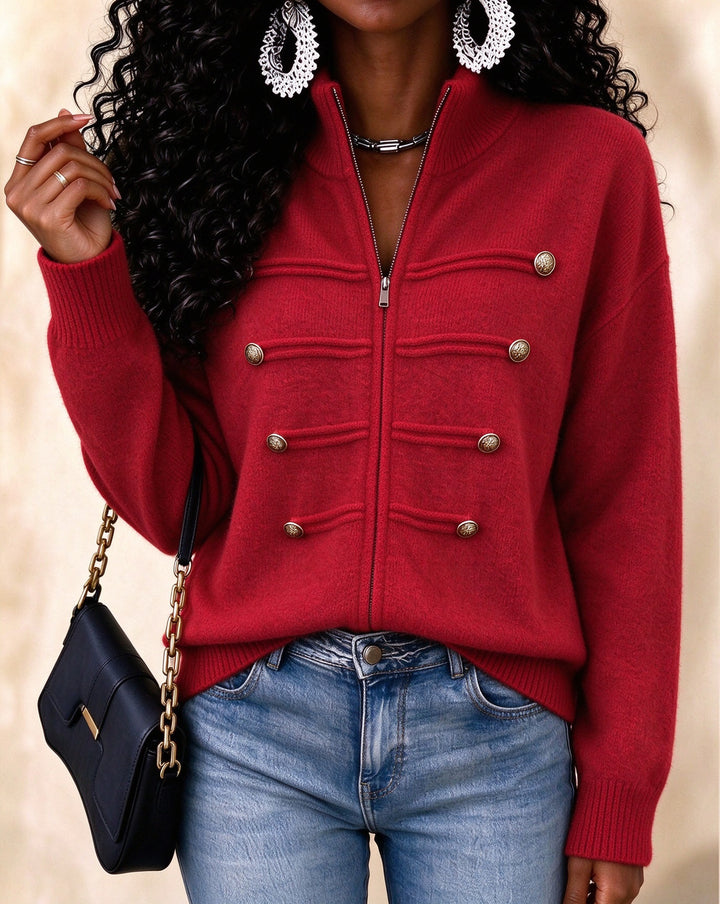 Women's Zip Up Stand Collar Double Breasted Decorative Buttons Knit Cardigan