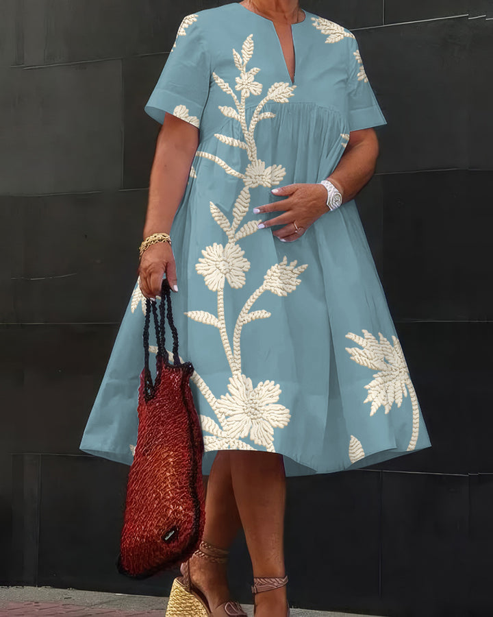 Elegant Summer Flower Art Loose Plain Shirt Dress