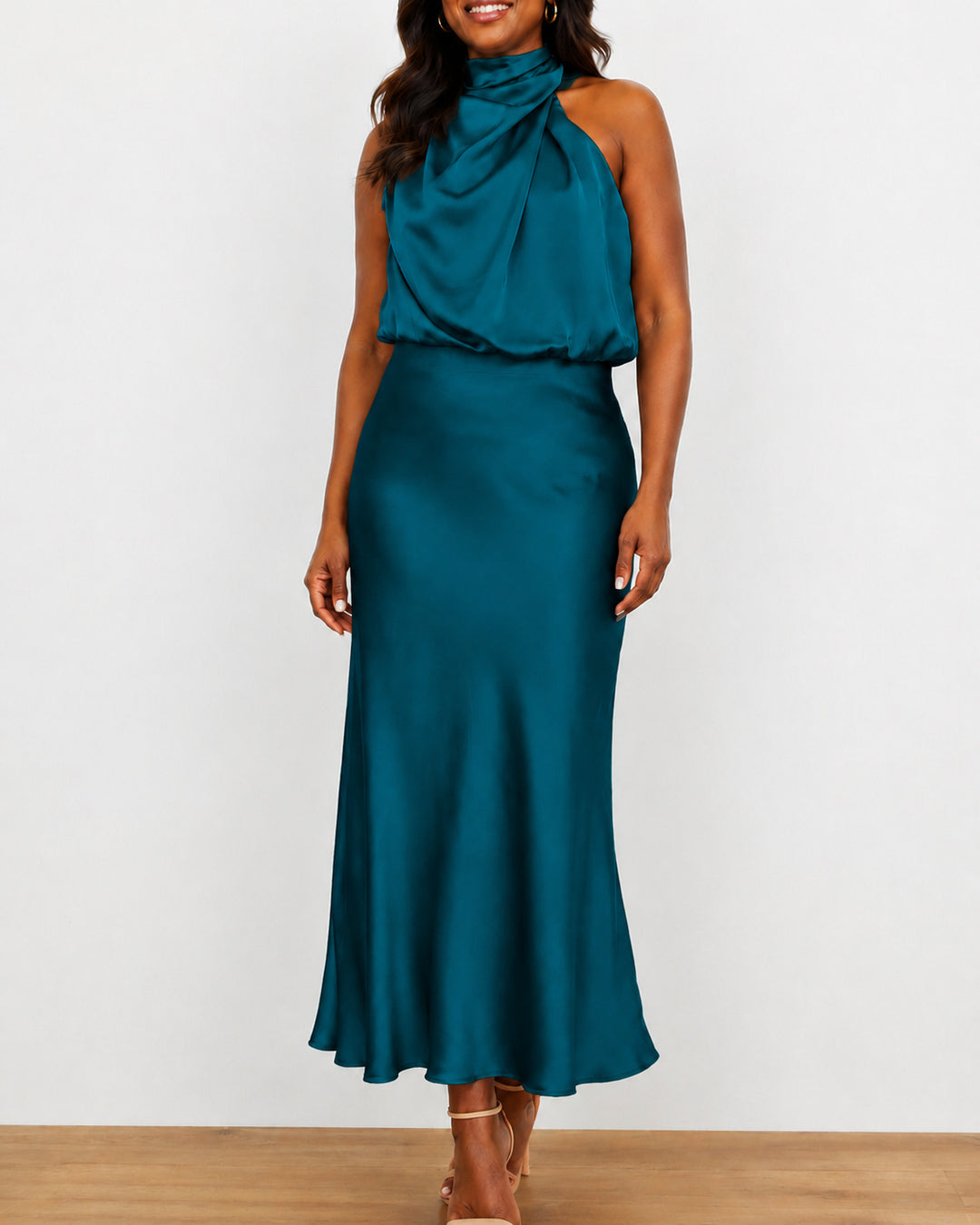 Women's  Satin Halter Design Midi Dress