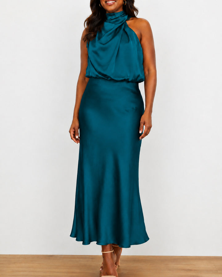 Women's  Satin Halter Design Midi Dress