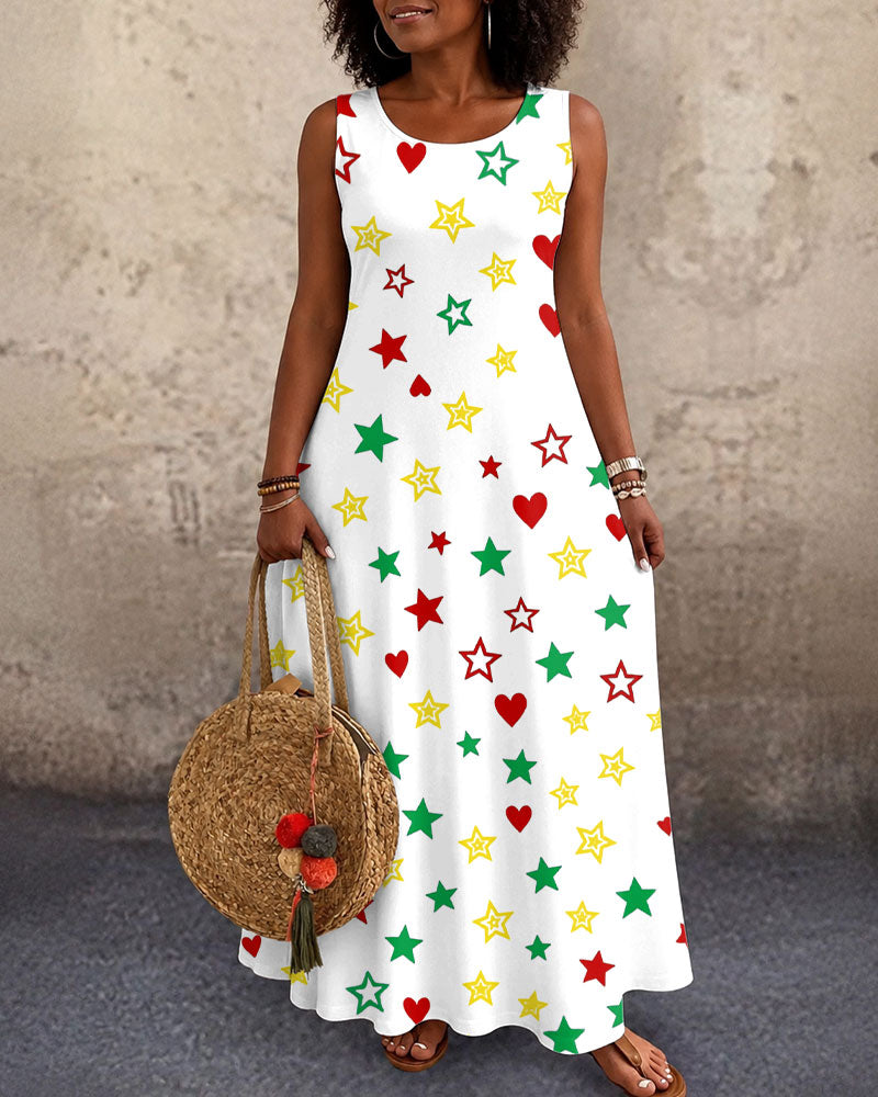 Reggae-colored Little Stars and Hearts Round Neck Pocket Casual Dress