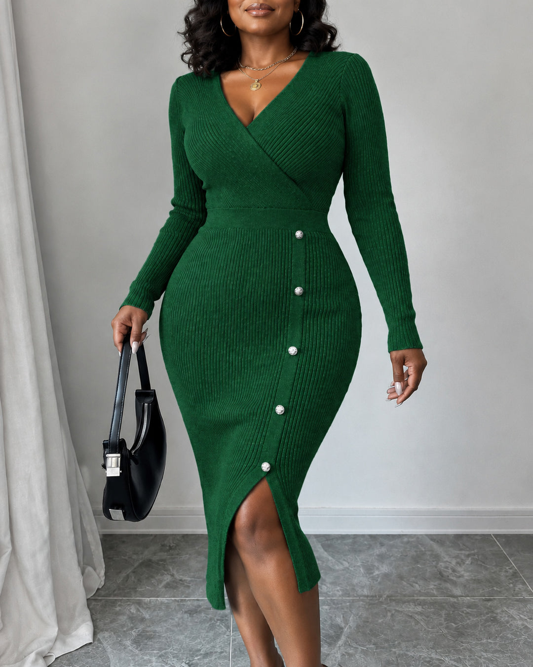 Women Wrap V Neck Ribbed Knit Midi Dress