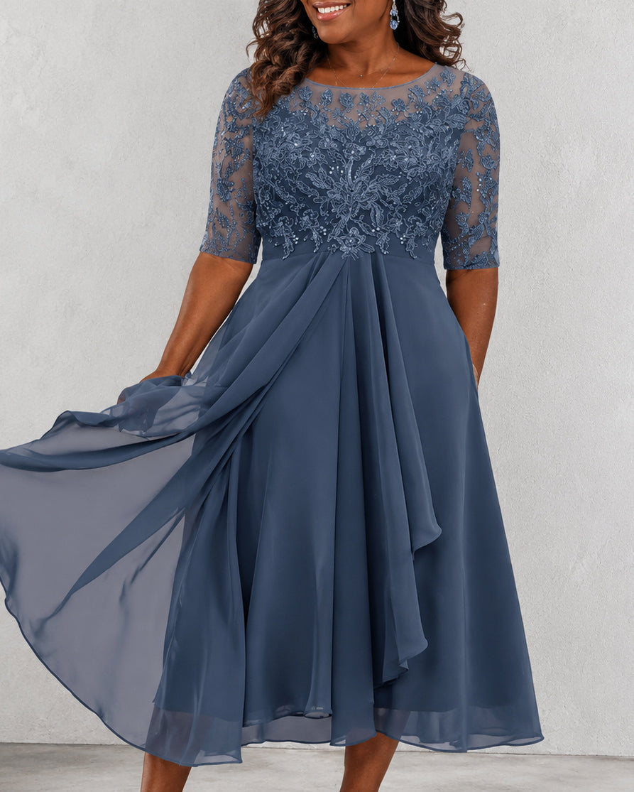 Women's Short Sleeve V-Neck Embroidery Lace Chiffon Dress