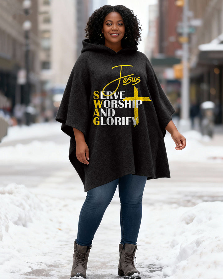 Jesus SWAG Print Fleece Hooded Loose Cape